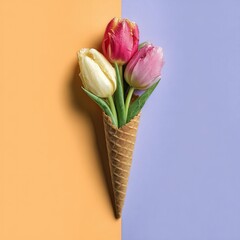 Three tulips in ice cream cone against split orange and purple backdrop