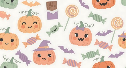 Obraz premium Cute Halloween Seamless Pattern with Cartoon Pumpkins, Candies, Bats, and Lollipops