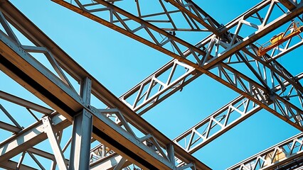 Industrial steel structure with geometric patterns, highlighting construction progress under clear skies.