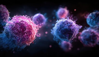 Close-up of multi-colored spherical cellular structures against a dark blurred backdrop