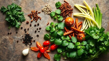Asian ingredients arranged on a stone surface, showcasing fresh herbs and spices with vibrant colors.