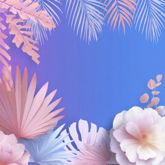 Pastel floral arrangement with a gradient background. Tropical leaves and blooms frame space