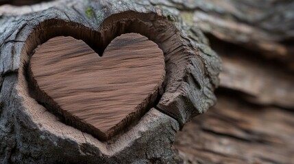 Heart-Shaped Wood Element Carved into Rustic Tree Bark Texture Background