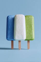 Three colorful frozen treats stand upright against a light blue backdrop