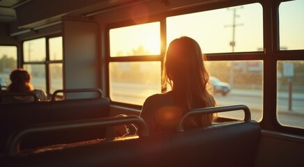 Woman sitting on a bus looking out the window