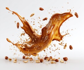 Dynamic, high-speed capture of caramel splash with assorted nuts against a clean white backdrop