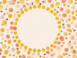 Watercolor polka dots in warm hues surround an empty circle on a cream background