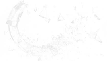 PNG shattered glass fragments forming floating arcs with transparent background, abstract fractured pattern perfect for overlays, posters and creative digital effects