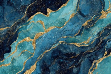 Abstract blue & teal marbled texture with golden glitter lines, fluid design