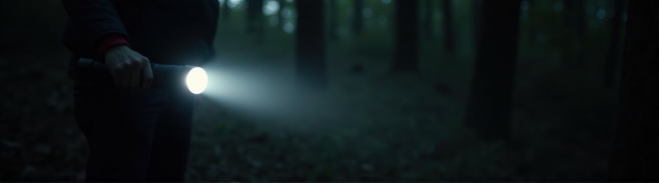 Man holding a flashlight in the dark in the woods