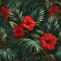 Lush floral pattern with vibrant red hibiscus blossoms amid dense green foliage