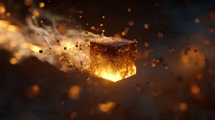 Abstract glowing cube with fiery particles and smoke trails, creating a dynamic and energetic composition