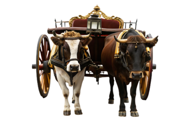 drawn carriage pulled by two cows isolated on white background png, ai generated