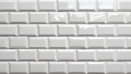 Close-up view of a white, glossy brick-shaped tile wall, featuring staggered brick pattern