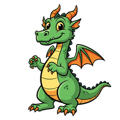 Obraz premium A cartoon green dragon stands smiling, with orange wings, horns, and belly, against a white background.