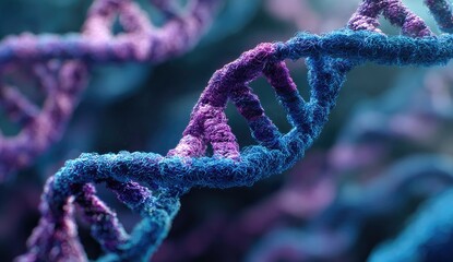 Close-up of a DNA double helix with a gradient from blue to purple, in soft focus