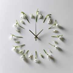 A clock face made of white flowers on a plain white surface, minute & hour hands