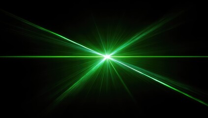 Bright green light beams radiate from a central point on a black background