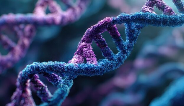 Close-up of a DNA double helix with a gradient from blue to purple, in soft focus