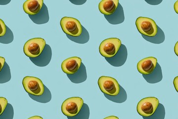 Patterned shot of halved avocados with pit against a pastel blue background