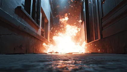 Sierkussen Smal steegje A narrow alley engulfed in flames, illuminated by the intense fire's glow  © Dwila