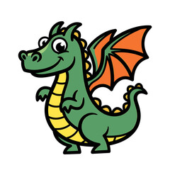 Fototapeta premium Cartoon illustration of a friendly green dragon with orange wings, standing and smiling.