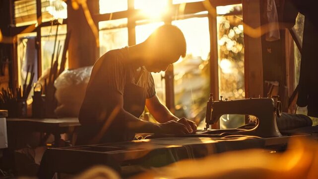 Tailor sewing at machine in workshop at sunset