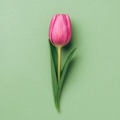 Top-down shot of a pink tulip against a muted green backdrop. Minimalist and fresh