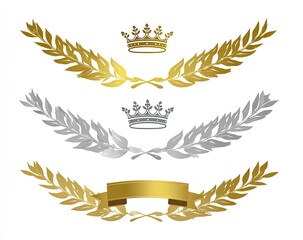 Ornate botanical designs with crowns and ribbons in gold and silver, on white background