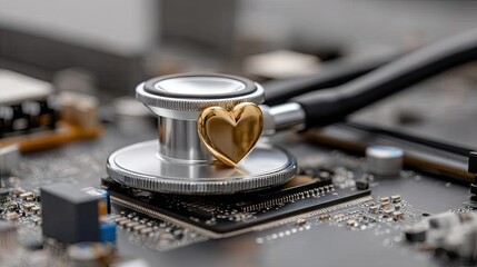 Close-up view of a stethoscope placed on a printed circuit board highlighting the intersection of technology and healthcare