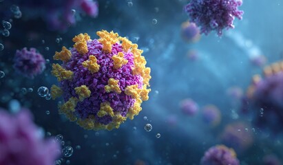 Obraz premium A close-up 3D rendering of a virus floating in a fluid environment, showcasing details