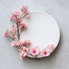 White plate adorned with delicate pink flowers against a textured gray surface