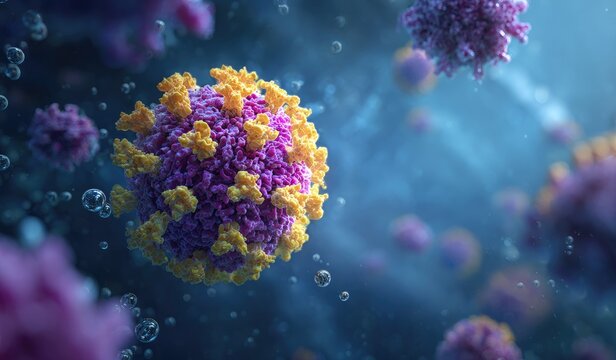 A close-up 3D rendering of a virus floating in a fluid environment, showcasing details - Powered by Adobe