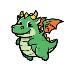 Obraz premium A friendly cartoon dragon with green scales, orange wings, and a happy expression.