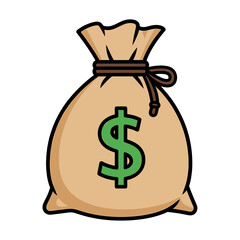 Cartoon illustration of a money bag with a green dollar sign, tied with a brown rope.