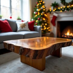 Close-up of live edge wooden coffee table near sofa in a modern living room with Christmas tree, fairy lights, and festive d&eacute;cor.