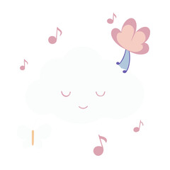 Cute Cloud Character with Flower and Music Notes for Childrens Illustration Backgrounds and Designs
