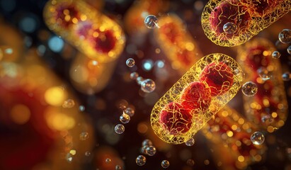 Microscopic, golden-hued, oblong cells with interior red structures and surrounding bubbles