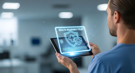 Man holding a tablet displaying futuristic holographic interface with digital data and biometric scan