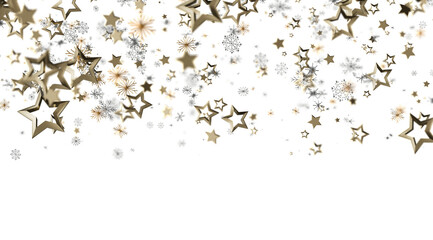 Elegant golden stars and snowflakes falling on white. Perfect for holidays, celebrations, and winter designs.