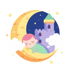 Cute baby boy sleeping peacefully on a golden moon next to a castle at night