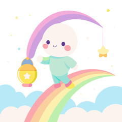 Cute cartoon baby on rainbow bridge holding a lantern with stars and clouds background
