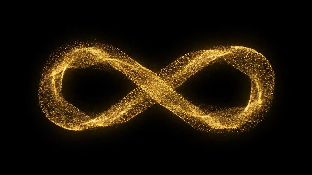 Golden infinity symbol made of swirling particles on a black background
