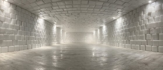 Vast Empty Cold Storage Room with White Walls and Warm Lighting Fixtures