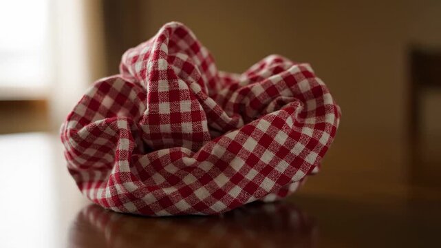 Crumpled Red and White Gingham Cloth - A red and white checkered cloth is crumpled and rests on a dark brown wooden surface. The fabric is textured and shows wrinkles and folds.