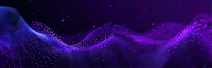 Abstract depiction featuring flowing waves of particles in shades of purple and blue