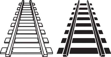 Vector art of two railway tracks one in outline style and one in solid black, symbolizing transportation, travel, and the infrastructure of train systems on
