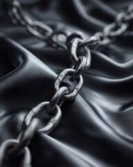Thick Heavy Metal Chain on Black Fabric for Concept of Durability and Strength
