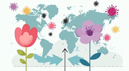 A map with virus-like particles and flowers suggests balance, or struggle
