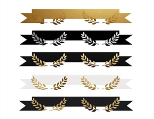 Collection of colorful ribbons, each with flanking gold laurel wreaths, against a white background